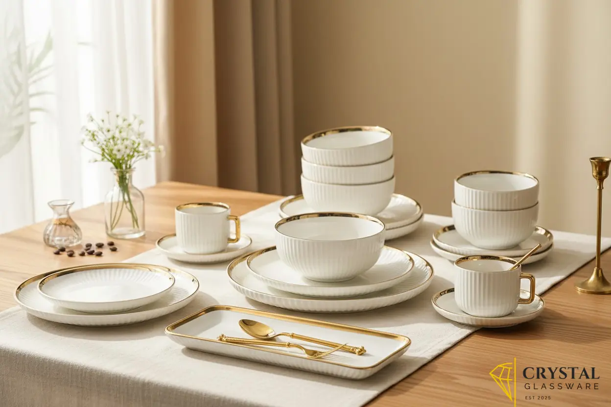 32-piece ceramic dinner set featuring a ribbed texture and gold trim